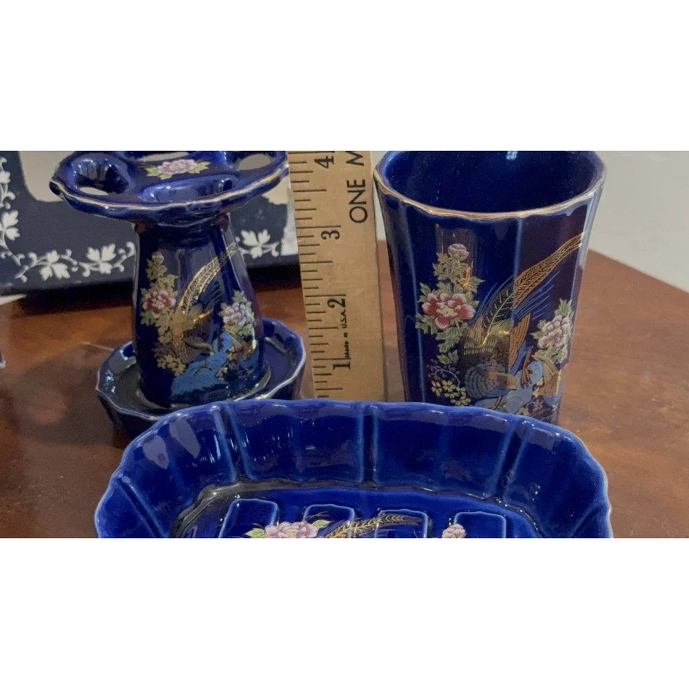 Vintage Kutani Japan Cobalt Blue Porcelain 3 Pc Deluxe Bathroom Vanity Set Box